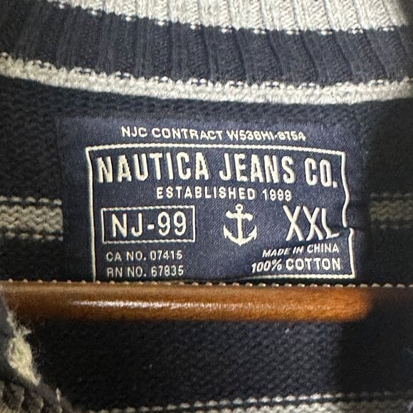 Nautica Jeans Co 1/4 Zip Casual Striped Blue Grey Waffle Knit Sweater Men 2XL - Picture 6 of 12